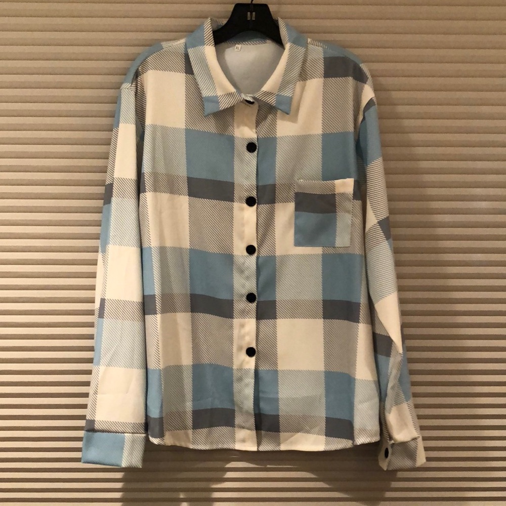 Boys Plaid Button front Flannel shirt! Ivory/Turq/gray! black buttons! XL